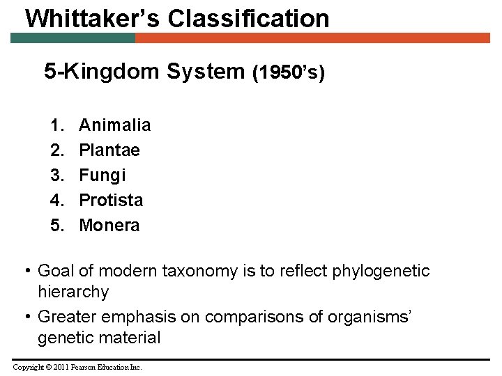 Whittaker’s Classification 5 -Kingdom System (1950’s) 1. 2. 3. 4. 5. Animalia Plantae Fungi