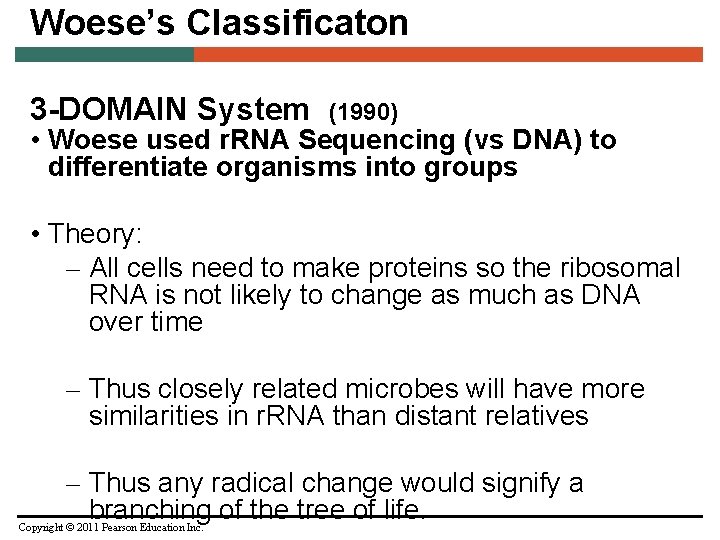Woese’s Classificaton 3 -DOMAIN System (1990) • Woese used r. RNA Sequencing (vs DNA)