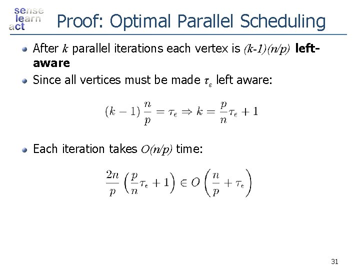 Proof: Optimal Parallel Scheduling After k parallel iterations each vertex is (k-1)(n/p) leftaware Since