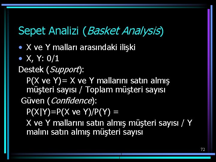 Sepet Analizi (Basket Analysis) • X ve Y malları arasındaki ilişki • X, Y: