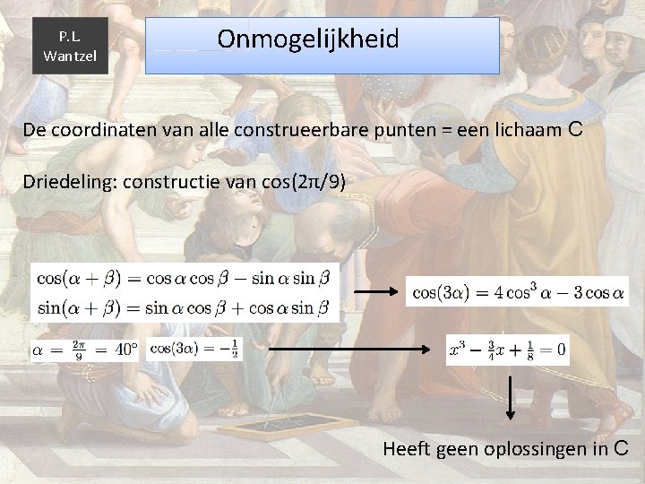 P. L. Wantzel Onmogelijkheid De coordinaten van alle construeerbare punten = een lichaam C