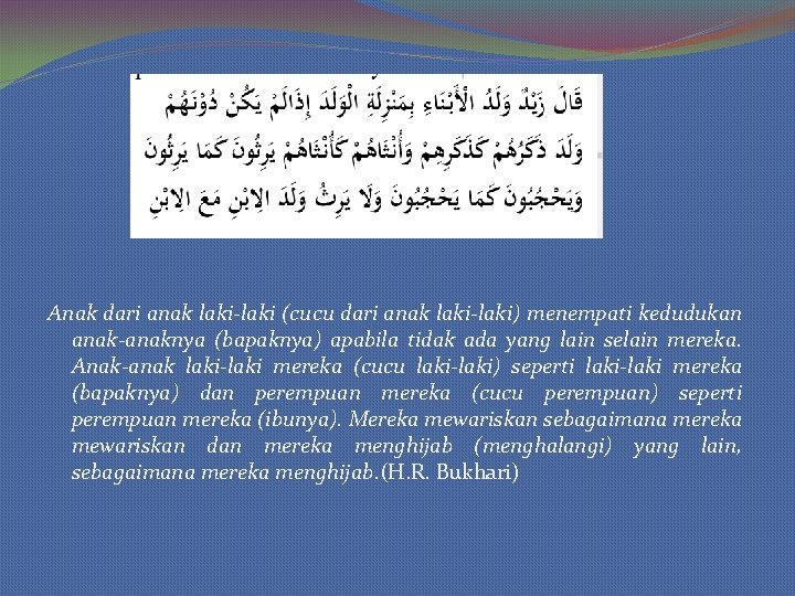 Anak dari anak laki-laki (cucu dari anak laki-laki) menempati kedudukan anak-anaknya (bapaknya) apabila tidak