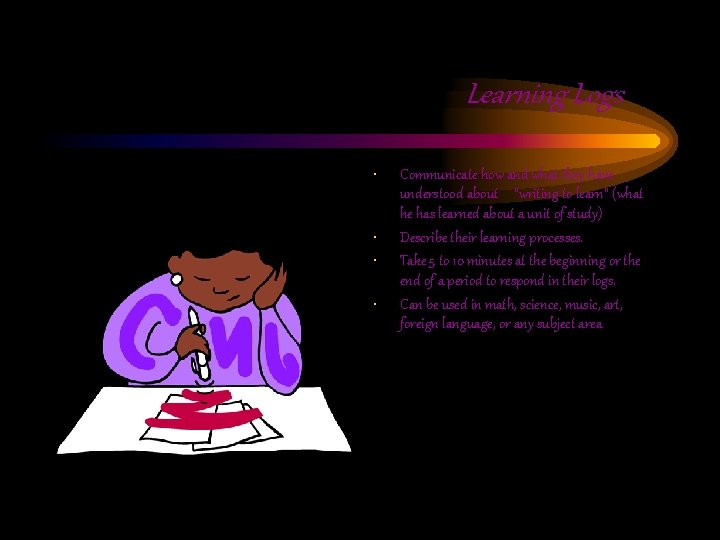 Learning Logs • • Communicate how and what they have understood about “writing to