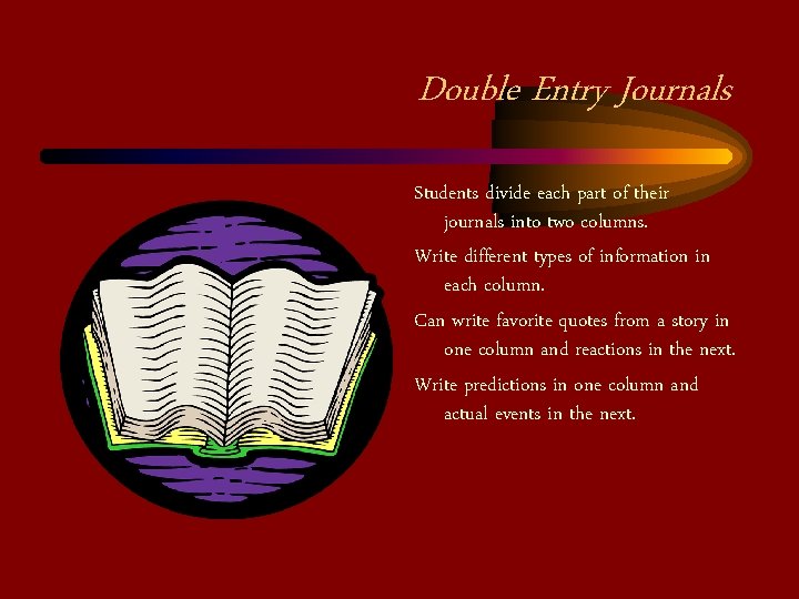 Double Entry Journals Students divide each part of their journals into two columns. Write