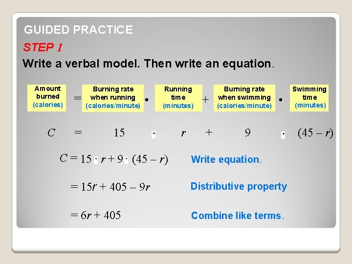 GUIDED PRACTICE STEP 1 Write a verbal model. Then write an equation. Amount burned