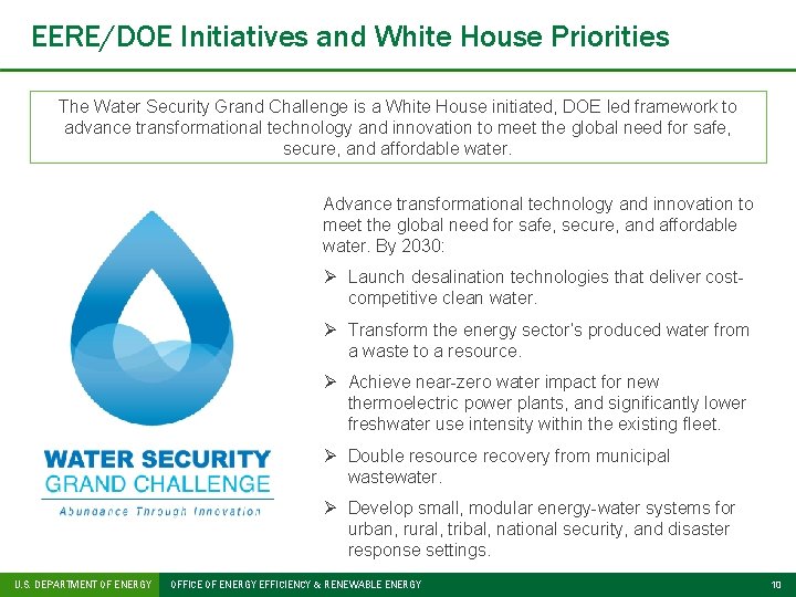 EERE/DOE Initiatives and White House Priorities The Water Security Grand Challenge is a White