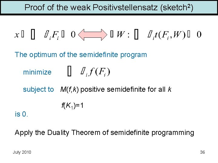 Proof of the weak Positivstellensatz (sketch 2) The optimum of the semidefinite program minimize