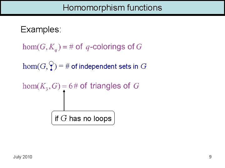 Homomorphism functions Examples: hom(G, ) = # of independent sets in G if G