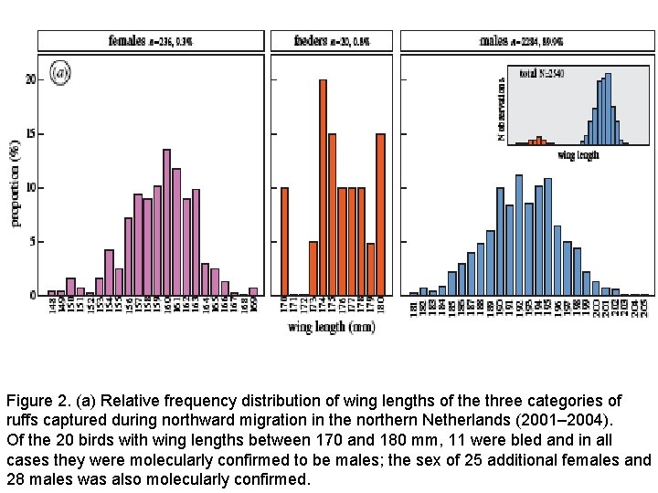 Figure 2. (a) Relative frequency distribution of wing lengths of the three categories of