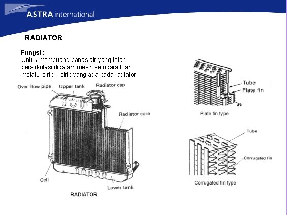 RADIATOR Fungsi : Untuk membuang panas air yang telah bersirkulasi didalam mesin ke udara