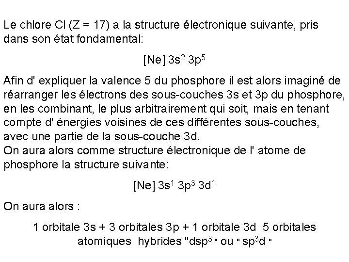 Le chlore Cl (Z = 17) a la structure électronique suivante, pris dans son