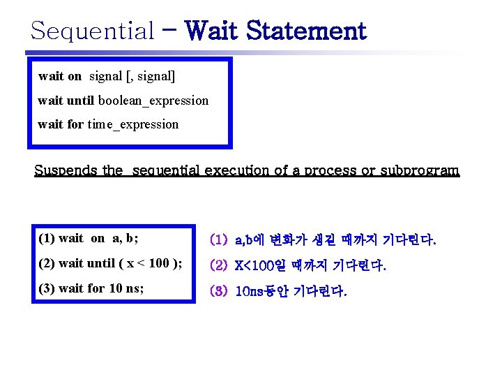 Sequential – Wait Statement wait on signal [, signal] wait until boolean_expression wait for