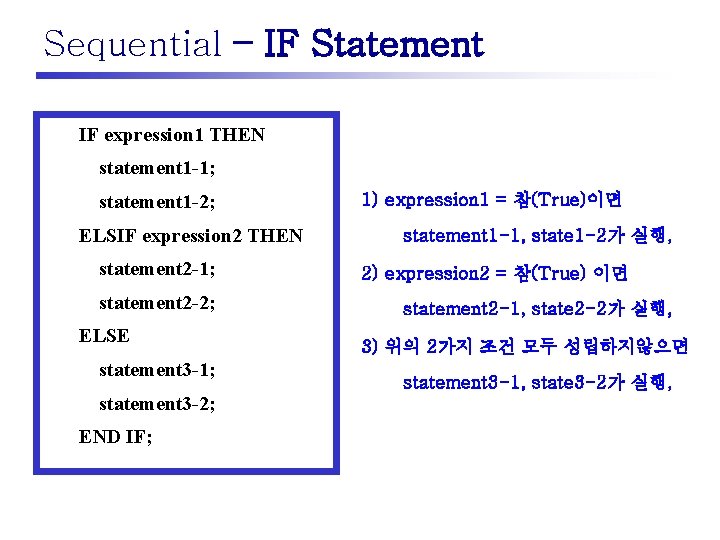 Sequential – IF Statement IF expression 1 THEN statement 1 -1; statement 1 -2;