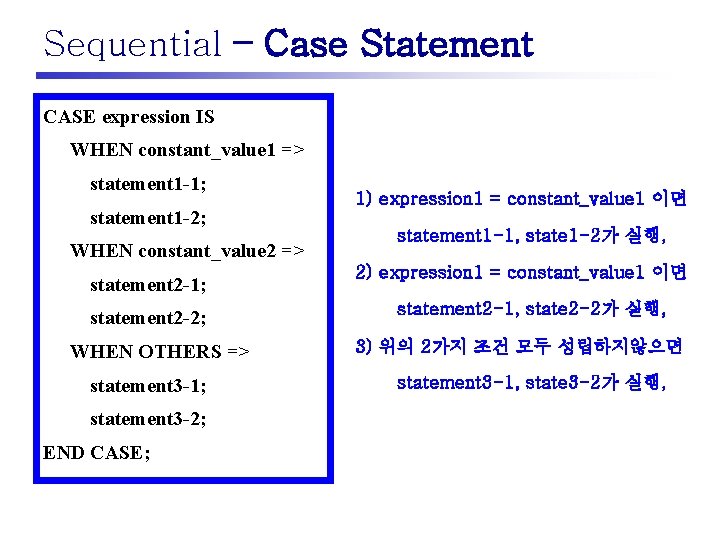 Sequential – Case Statement CASE expression IS WHEN constant_value 1 => statement 1 -1;