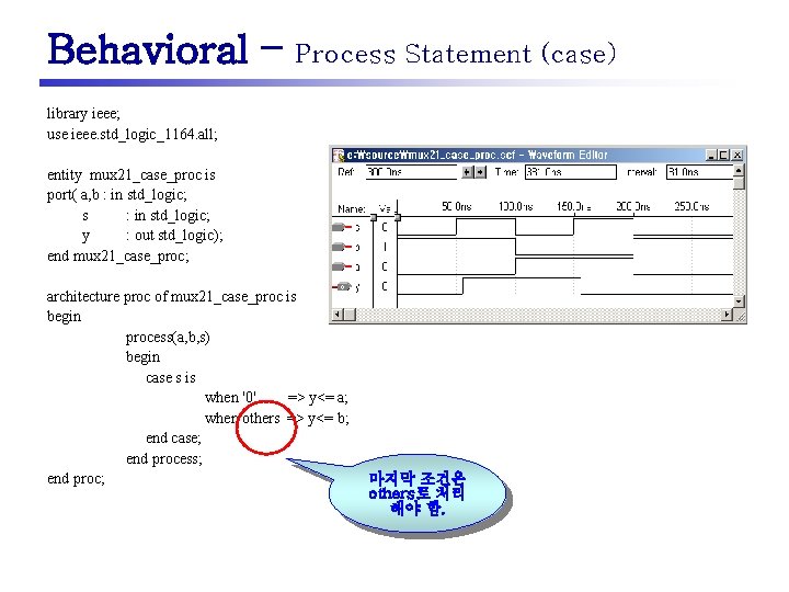 Behavioral – Process Statement (case) library ieee; use ieee. std_logic_1164. all; entity mux 21_case_proc