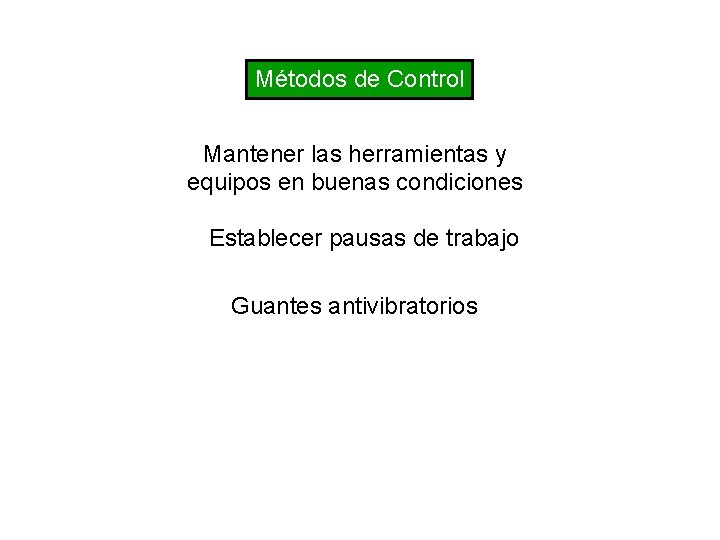 Métodos de Control Mantener las herramientas y equipos en buenas condiciones Establecer pausas de