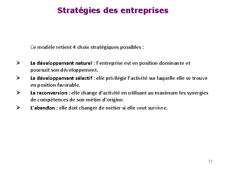 Stratégies des entreprises Ce modèle retient 4 choix stratégiques possibles : Ø Ø Le