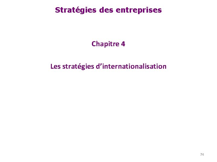 Stratégies des entreprises Chapitre 4 Les stratégies d’internationalisation 74 