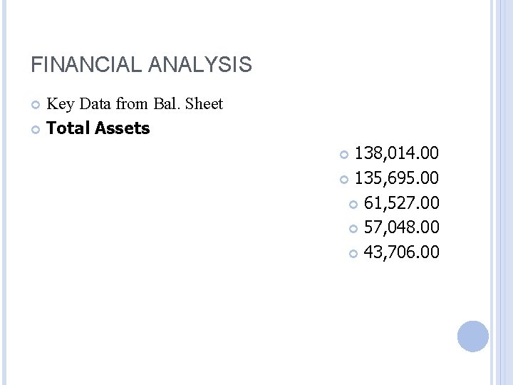 FINANCIAL ANALYSIS Key Data from Bal. Sheet Total Assets 138, 014. 00 135, 695.