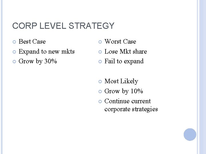CORP LEVEL STRATEGY Best Case Expand to new mkts Grow by 30% Worst Case