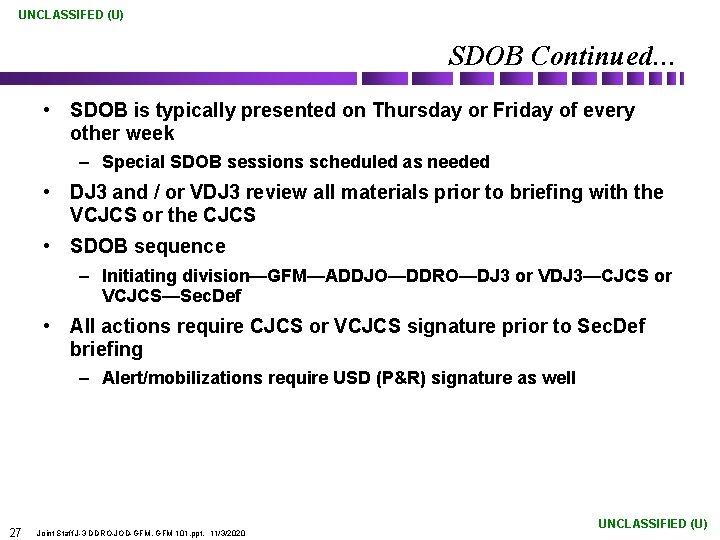 UNCLASSIFED (U) SDOB Continued… • SDOB is typically presented on Thursday or Friday of