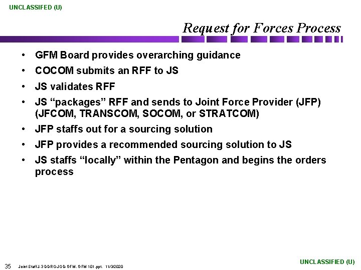 UNCLASSIFED (U) Request for Forces Process • GFM Board provides overarching guidance • COCOM