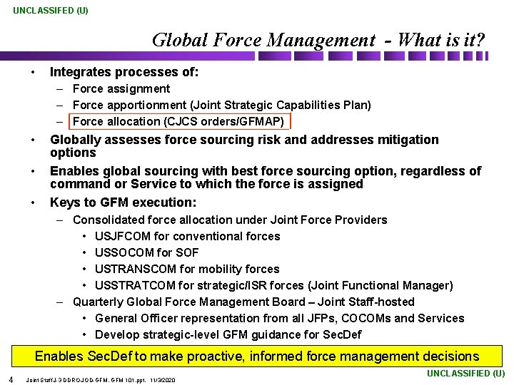 UNCLASSIFED (U) Global Force Management - What is it? • Integrates processes of: –