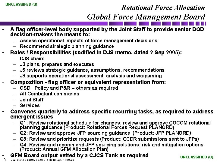 UNCLASSIFED (U) Rotational Force Allocation Global Force Management Board • A flag officer-level body