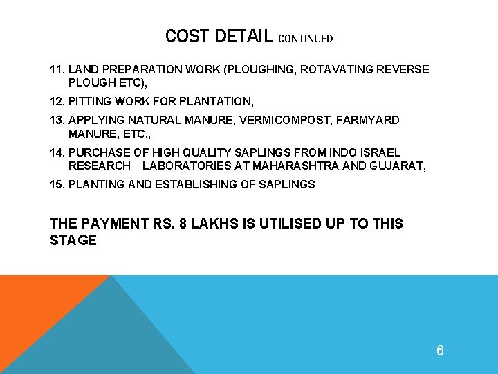 COST DETAIL CONTINUED 11. LAND PREPARATION WORK (PLOUGHING, ROTAVATING REVERSE PLOUGH ETC), 12. PITTING