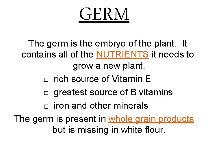 GERM The germ is the embryo of the plant. It contains all of the