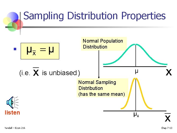 Sampling Distribution Properties Normal Population Distribution n (i. e. is unbiased ) Normal Sampling