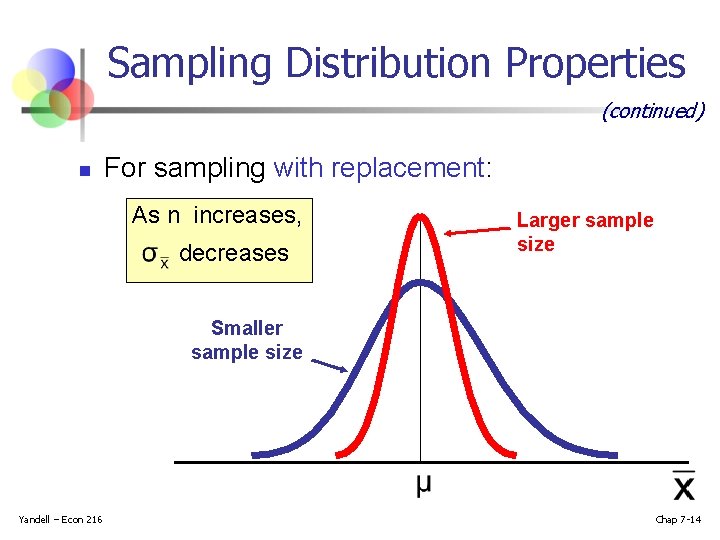 Sampling Distribution Properties (continued) n For sampling with replacement: As n increases, decreases Larger