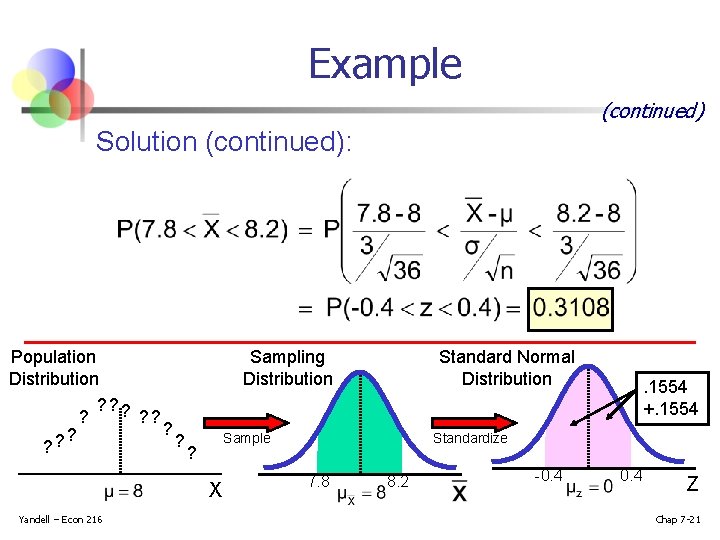 Example (continued) Solution (continued): Population Distribution ? ? ? Sampling Distribution Sample ? X