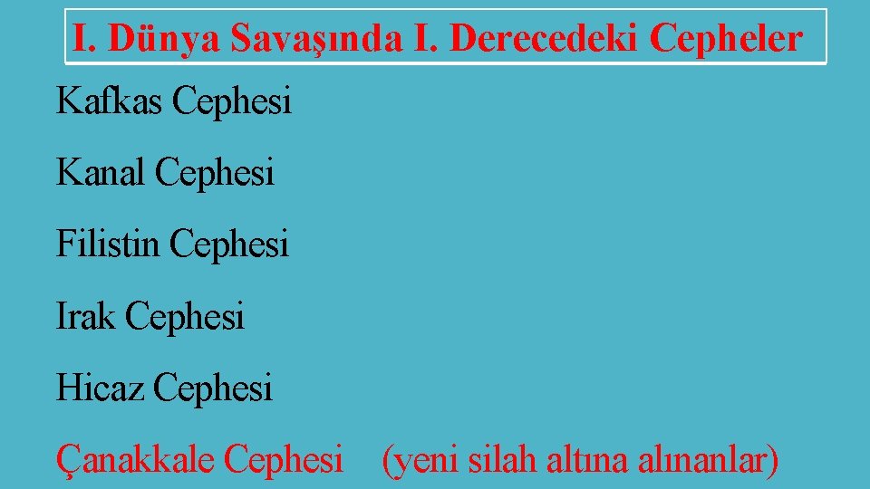 I. Dünya Savaşında I. Derecedeki Cepheler Kafkas Cephesi Kanal Cephesi Filistin Cephesi Irak Cephesi