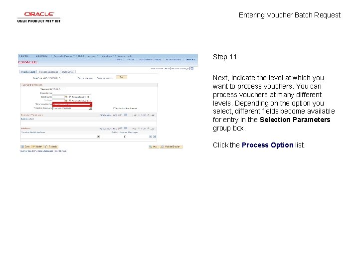 Entering Voucher Batch Request Step 11 Next, indicate the level at which you want