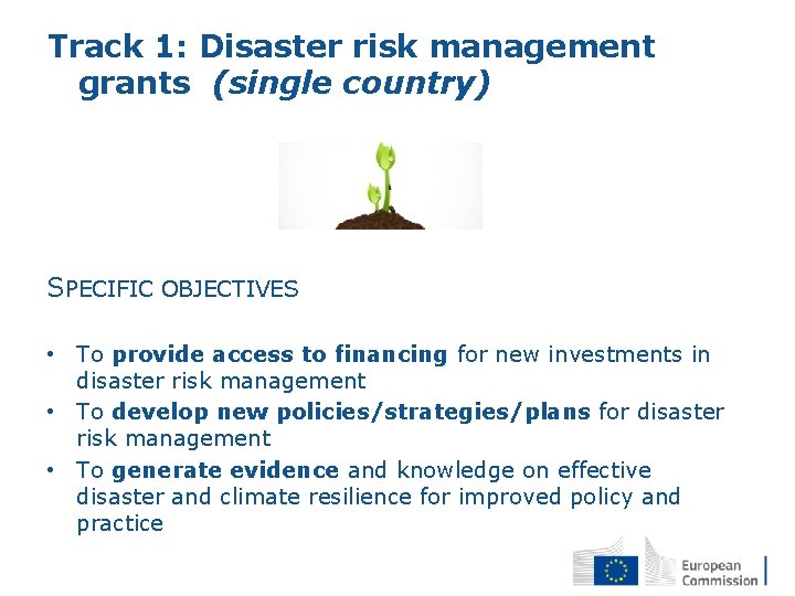 Track 1: Disaster risk management grants (single country) SPECIFIC OBJECTIVES • To provide access