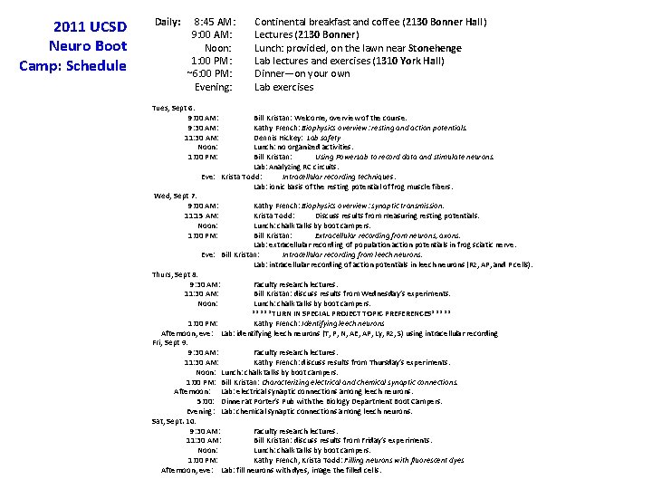 2011 UCSD Neuro Boot Camp: Schedule Daily: 8: 45 AM: 9: 00 AM: Noon: