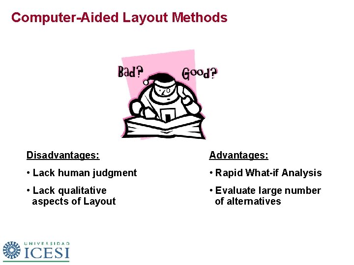 Computer-Aided Layout Methods Disadvantages: Advantages: • Lack human judgment • Rapid What-if Analysis •