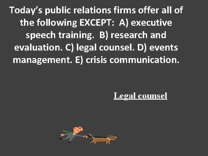 Today’s public relations firms offer all of the following EXCEPT: A) executive speech training.