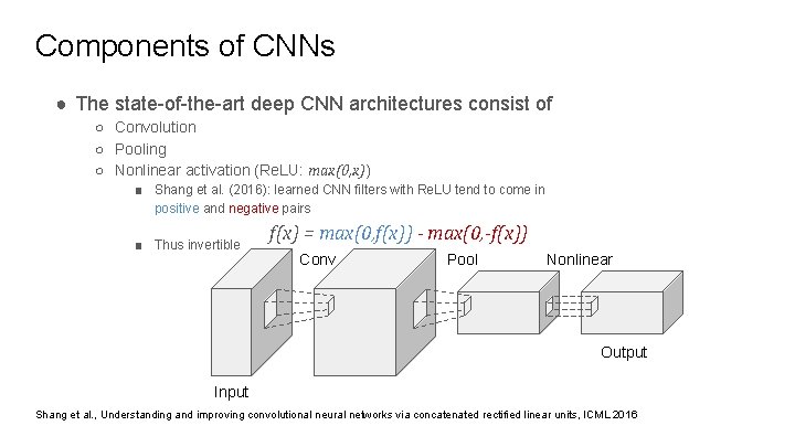 Components of CNNs ● The state-of-the-art deep CNN architectures consist of ○ Convolution ○