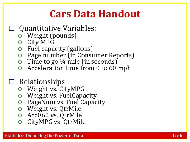 Cars Data Handout � Quantitative Variables: Weight (pounds) City MPG Fuel capacity (gallons) Page