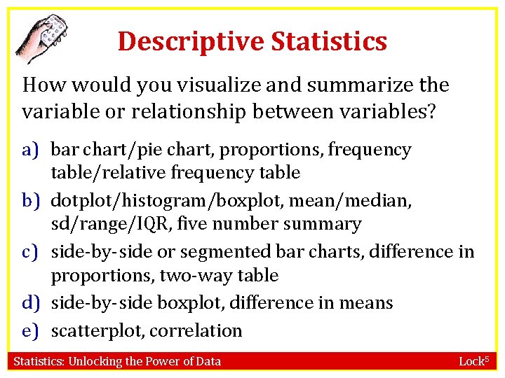 Descriptive Statistics How would you visualize and summarize the variable or relationship between variables?