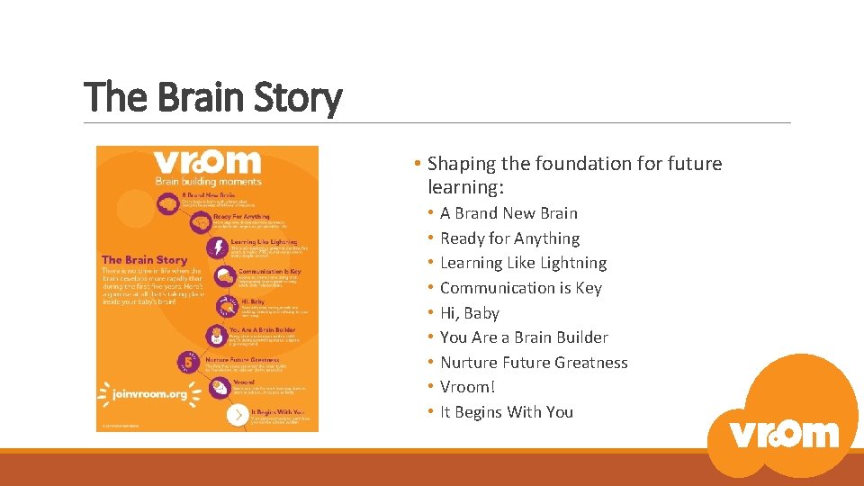 The Brain Story • Shaping the foundation for future learning: • • • A