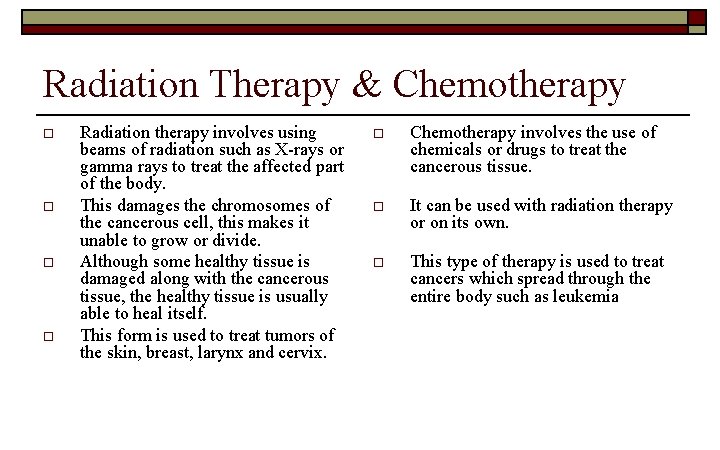 Radiation Therapy & Chemotherapy o o Radiation therapy involves using beams of radiation such