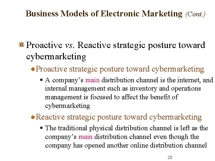 Business Models of Electronic Marketing (Cont. ) Proactive vs. Reactive strategic posture toward cybermarketing