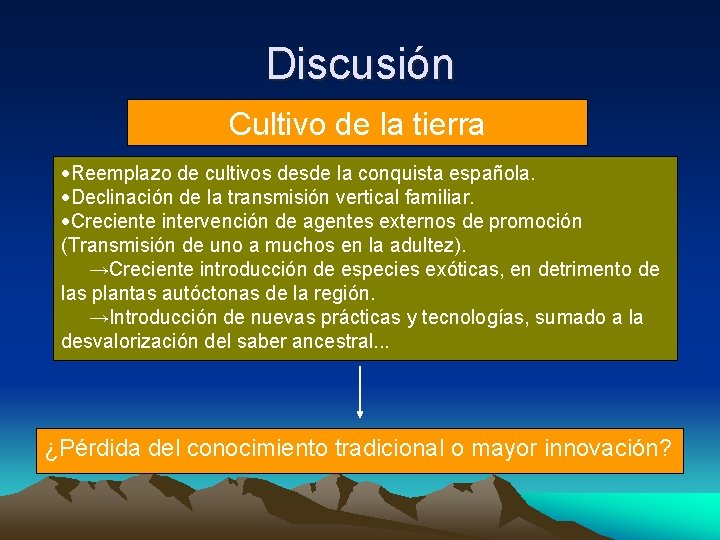 Discusión Cultivo de la tierra ·Reemplazo de cultivos desde la conquista española. ·Declinación de