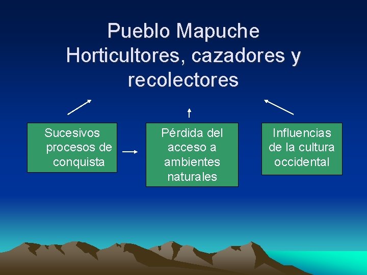 Pueblo Mapuche Horticultores, cazadores y recolectores Sucesivos procesos de conquista Pérdida del acceso a