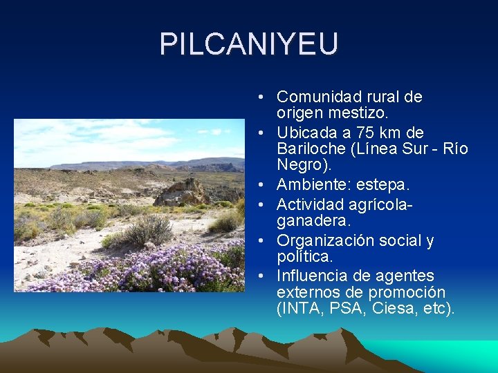 PILCANIYEU • Comunidad rural de origen mestizo. • Ubicada a 75 km de Bariloche