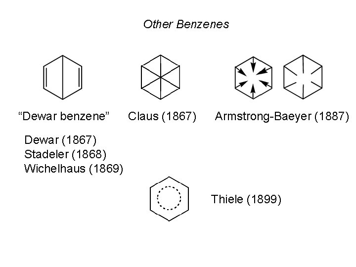 Other Benzenes “Dewar benzene” Claus (1867) Armstrong-Baeyer (1887) Dewar (1867) Stadeler (1868) Wichelhaus (1869)