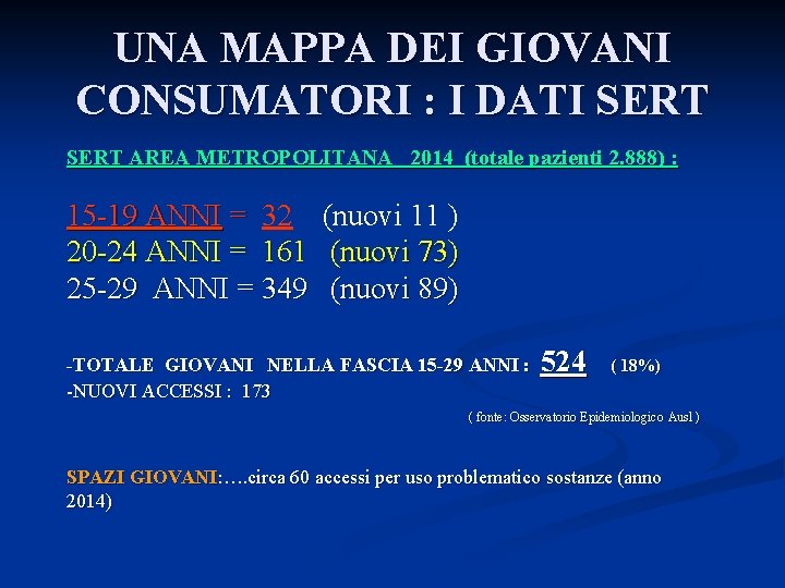 UNA MAPPA DEI GIOVANI CONSUMATORI : I DATI SERT AREA METROPOLITANA 2014 (totale pazienti